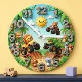 Safari Animal Monster Truck Kids Room Wall Clock | Dinosaur Boy Nursery Decor, Fun Toddler Playroom Birthday Gift Idea (13.6 inch / 34.5 cm)