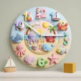 Pastel Ocean Animals Kids Room Wall Clock | Under The Sea Nursery Decor, Beach Theme Baby Shower Gift For Boy Girl (13.6 inch / 34.5 cm)