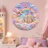 Magical Fairy Tale Castle Kids Room Wall Clock | Pastel Rainbow Nursery Decor, Little Girl Bedroom Birthday Keepsake (13.6 inch / 34.5 cm)