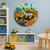 Construction Vehicles Kids Room Wall Clock | Yellow Excavator Nursery Decor, Toddler Boy Bedroom Birthday Keepsake (13.6 inch / 34.5 cm)