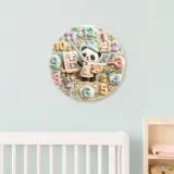 Little Painter Panda Kids Room Wall Clock | Pastel Floral Nursery Decor, Baby Girl Bedroom Birthday Gift Keepsake (13.6 inch / 34.5 cm)
