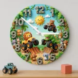 Safari Animal Monster Truck Kids Room Wall Clock | Dinosaur Boy Nursery Decor, Fun Toddler Playroom Birthday Gift Idea (13.6 inch / 34.5 cm)