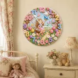 Whimsical Fairy Garden Kids Room Wall Clock | Pastel Floral Nursery Decor, Magical Little Girls Bedroom Decor Gift (13.6 inch / 34.5 cm)