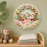 Monkey Tea Party Picnic Kids Room Wall Clock | Pastel Floral Nursery Decor, Sweet Baby Girl Shower And Birthday Gift (13.6 inch / 34.5 cm)