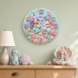 Mermaid Seashell Kids Room Wall Clock | Pastel Ocean Nursery Decor, Magical Baby Girl Birthday Gift (13.6 inch / 34.5 cm)