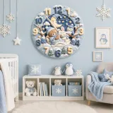 Sleepy Winter Bear & Bunny Kids Room Wall Clock | Blue Night Sky Nursery Decor, Sweet Baby Boy Shower Gift Keepsake (13.6 inch / 34.5 cm)