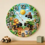Safari Animal Monster Truck Kids Room Wall Clock | Dinosaur Boy Nursery Decor, Fun Toddler Playroom Birthday Gift Idea (13.6 inch / 34.5 cm)