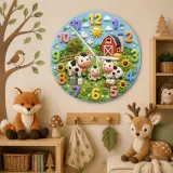 Farm Animal Cow Family Kids Room Wall Clock | Rustic Red Barn Nursery Decor, Baby Shower Gift For Boys And Girls Room (13.6 inch / 34.5 cm)