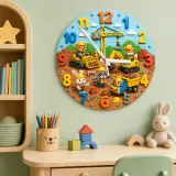 Construction Animals Kids Room Wall Clock | Little Builder Nursery Decor, Baby Boy Bedroom Makeover Birthday Gift (13.6 inch / 34.5 cm)