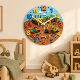 Construction Vehicles Kids Room Wall Clock | Playful Boys Bedroom Nursery Decor, Little Builder Birthday Gift Idea (13.6 inch / 34.5 cm)
