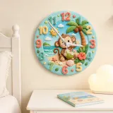 Tropical Beach Monkey Kids Room Wall Clock | Cute Ocean Animal Nursery Decor, Baby Boy Girl Playroom Birthday Gift (13.6 inch / 34.5 cm)
