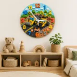 Construction Vehicles Kids Room Wall Clock | Yellow Excavator Nursery Decor, Toddler Boy Bedroom Birthday Keepsake (13.6 inch / 34.5 cm)