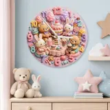 Pastel Teddy Bear & Bunny Sweet Treats Tea Party Kids Room Wall Clock | Kawaii Nursery Decor, Little Girls Room Gift (13.6 inch / 34.5 cm)