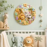 Safari Jungle Animals Kids Room Wall Clock | Cute Lion Elephant Nursery Decor, Playroom Baby Shower Boy Girl Gift (13.6 inch / 34.5 cm)