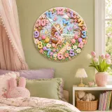 Whimsical Fairy Garden Kids Room Wall Clock | Pastel Floral Nursery Decor, Magical Little Girls Bedroom Decor Gift (13.6 inch / 34.5 cm)