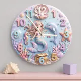Pastel Mermaid And Dolphin Kids Room Wall Clock | Magical Ocean Nursery Decor Art, Little Girl Bedroom Birthday Gift (13.6 inch / 34.5 cm)
