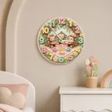 Monkey Tea Party Picnic Kids Room Wall Clock | Pastel Floral Nursery Decor, Sweet Baby Girl Shower And Birthday Gift (13.6 inch / 34.5 cm)