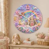 Magical Fairy Tale Castle Kids Room Wall Clock | Pastel Rainbow Nursery Decor, Little Girl Bedroom Birthday Keepsake (13.6 inch / 34.5 cm)
