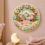 Monkey Tea Party Picnic Kids Room Wall Clock | Pastel Floral Nursery Decor, Sweet Baby Girl Shower And Birthday Gift (13.6 inch / 34.5 cm)