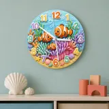 Clownfish Coral Reef Kids Room Wall Clock | Vibrant Underwater Ocean Nursery Decor, Baby Shower Gift For Boy Or Girl (13.6 inch / 34.5 cm)