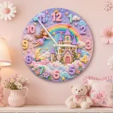 Magical Fairy Tale Castle Kids Room Wall Clock | Pastel Rainbow Nursery Decor, Little Girl Bedroom Birthday Keepsake (13.6 inch / 34.5 cm)