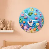 Ocean Shark Sea Creatures Kids Room Wall Clock | Underwater Nursery Decor, Baby Boy And Girl Birthday Gift Keepsake (13.6 inch / 34.5 cm)