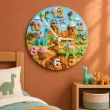 Dinosaur Volcano Kids Room Wall Clock | Candyland Nursery Decor, Little Boy Birthday Gift Keepsake (13.6 inch / 34.5 cm)