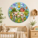 Farm Animal Cow Family Kids Room Wall Clock | Rustic Red Barn Nursery Decor, Baby Shower Gift For Boys And Girls Room (13.6 inch / 34.5 cm)