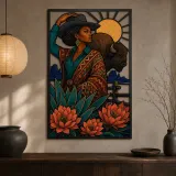 Black Cowgirl with Bison and Protea Flowers Colorful Metal Wall Art