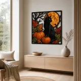 Black Cat with Pumpkins and Autumn Leaves Colorful Metal Wall Art