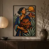 Southwestern Woman Holding Decorative Pottery Colorful Metal Wall Art