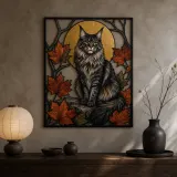 Maine Coon Cat with Autumn Leaves and Moon Colorful Metal Wall Art