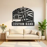 Personalized Tanker Semi Truck American Flag Metal Wall Art