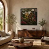 Steinhütte, bedeckt mit kletternden roten Rosen Farbige Metall-Wandkunst