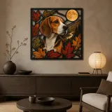Beagle with Autumn Leaves and Full Moon Colorful Metal Wall Art