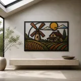 Country Windmill Farm beneath Golden Sun Colorful Metal Wall Art