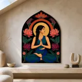 Yoga Woman with Lotus Flowers at Sunrise Colorful Metal Wall Art