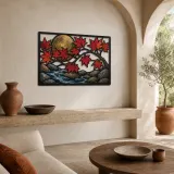 Red Maple Branch over Lotus Stream and Full Moon Colorful Metal Wall Art