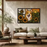 Pembroke Corgi mit Sonnenblumen bei Sonnenaufgang - Bunte Metall-Wandkunst