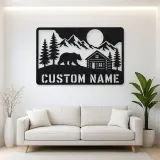 Personalized Bear and Log Cabin Metal Wall Art