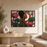 Afro Woman with Lotus Flowers and Copper Circle Colorful Metal Wall Art