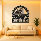 Personalized Semi Truck Metal Wall Art with Gear Frame