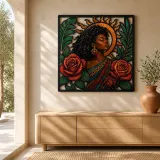 Afro Woman with Roses and Radiant Sun Colorful Metal Wall Art