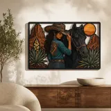 Vaquera con Caballo Negro y Luna del Desierto Cartel de Metal Colorido