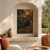Vintage Pickup Truck by Barn and Sunflowers Colorful Metal Wall Art