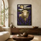 Schafe zwischen Lavendelfeldern unter dem Vollmond Farbige Metall-Wandkunst