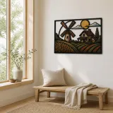 Country Windmill Farm beneath Golden Sun Colorful Metal Wall Art