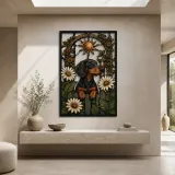 Dachshund in Daisy Garden beneath Copper Sun Colorful Metal Wall Art
