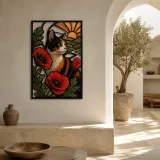 Calico Cat with Red Poppies at Sunrise Colorful Metal Wall Art