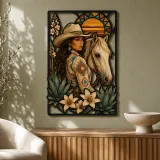 Cowgirl with Palomino Horse and Desert Lilies Colorful Metal Wall Art